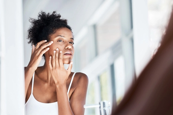 Junge Frau begutachtet vor dem Spiegel ihr Gesicht